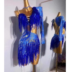 Customized size royal blue glitter fringe competition latin dance dresses for women girls one shoulder salsa rumba chacha rhythm dancing skirts for female